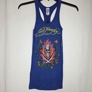 Ed Hardy Y2K Deadstock Two Swords Blue Skull Crossbones Tank Top NWT One Size